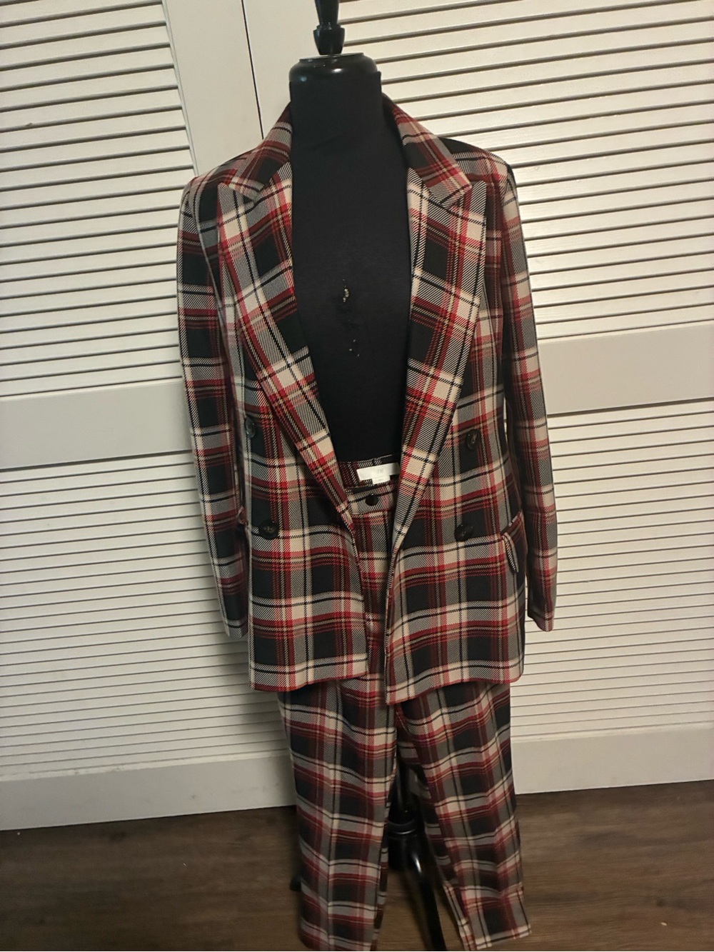 H&M Plaid Double-Breasted Blazer in Red, Black & Cream